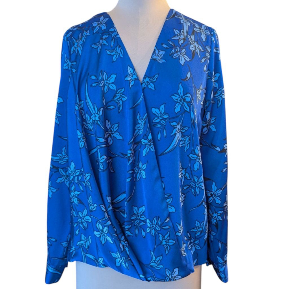 Vince Camuto Blue Floral Wrap Front Surplice Long Sleeve Satin Blouse Top Sz S